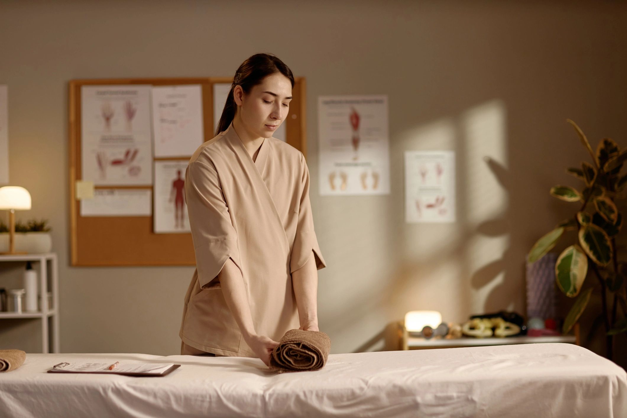 Spa therapist preparing a massage table in a wellness treatment room